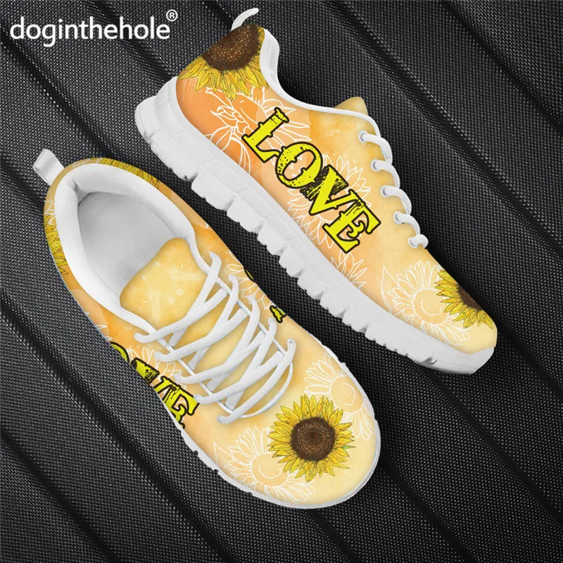 

Doginthehole Love Sunflower Flat Shoes Zapatos De Mujer Casual Mesh Sneakers Breathable Lace Up Running Footwear Dropshipping
