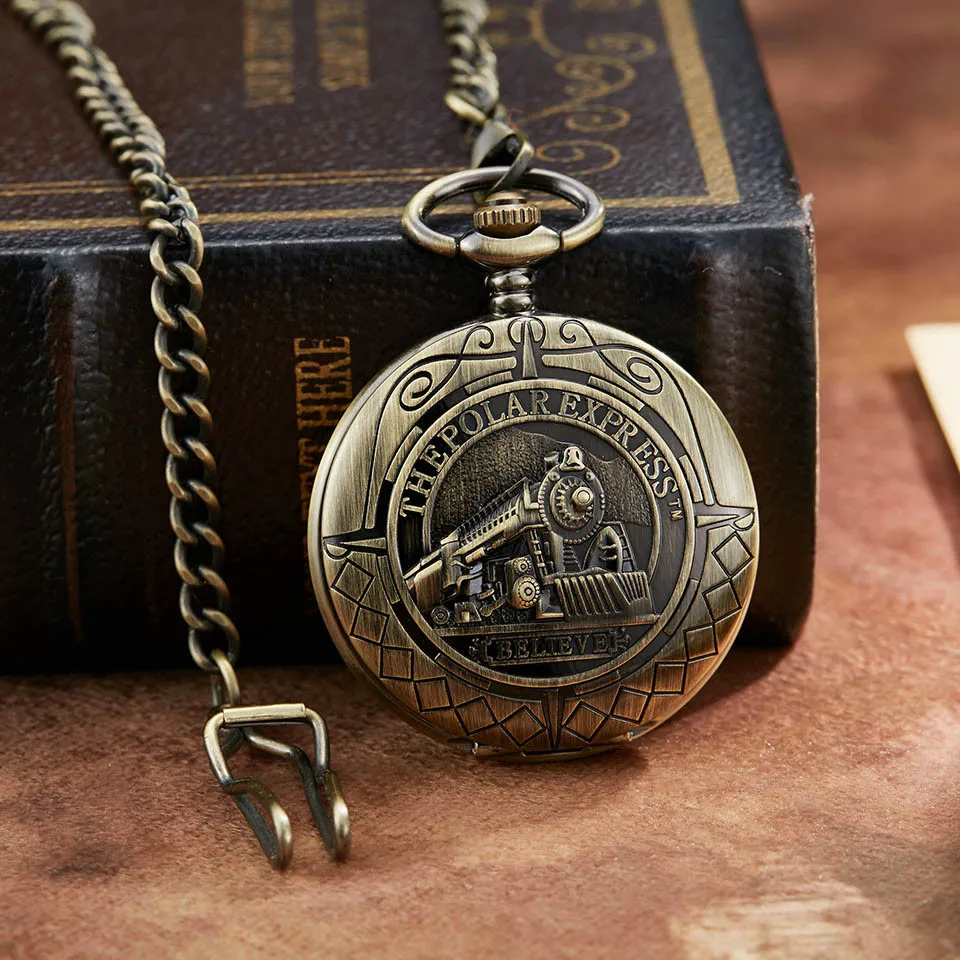 Vintage Retro Mechanical Pocket Watch The Polar Express Design Roman Numerals Hollow Skeleton Mens Mechanical Pocket Watch Chain
