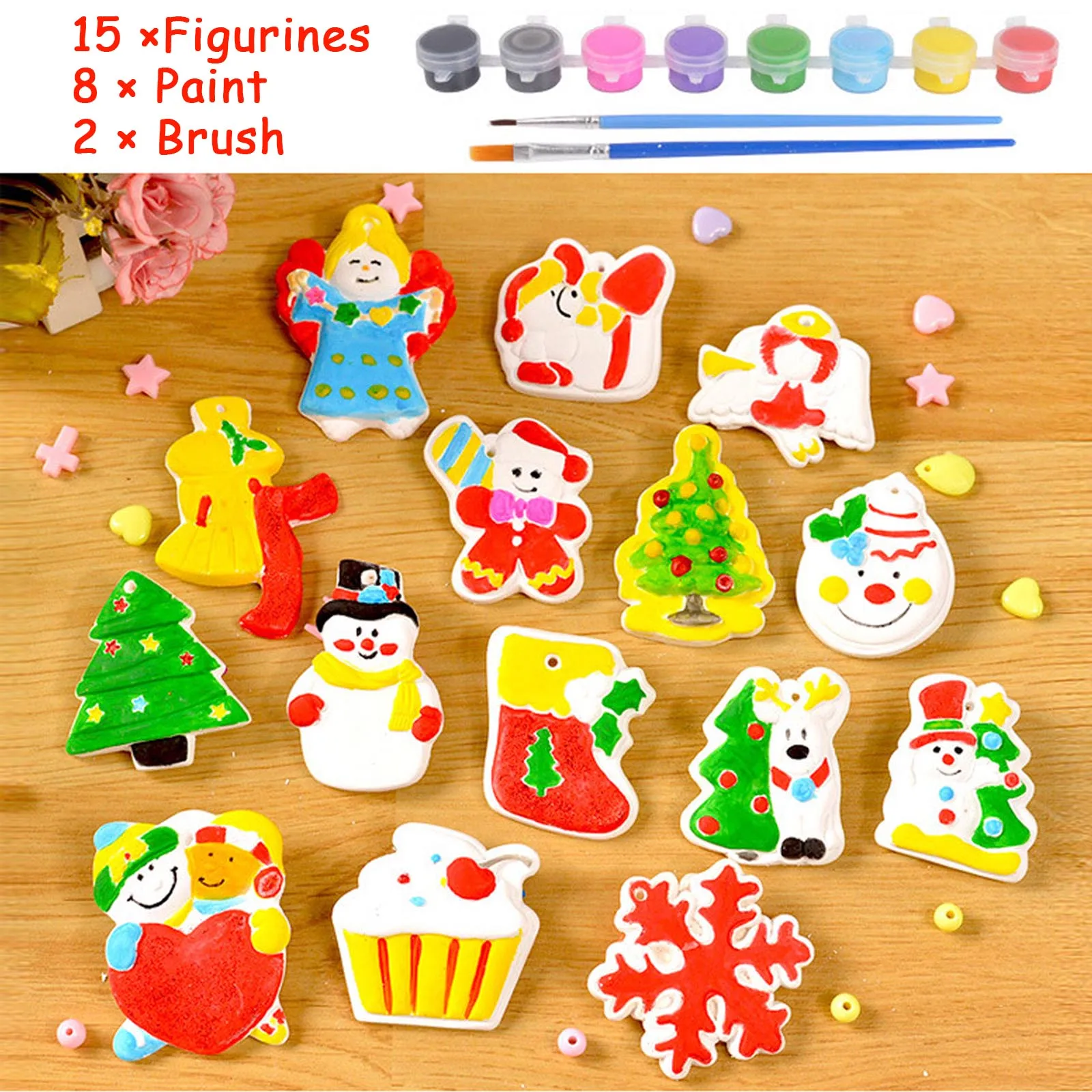 

Plaster Painting Kit Painting Your Own Figurines 15pcs Figurines with 8 Pots Paint and 2pcs Brushes for Kids Christmas Gifts