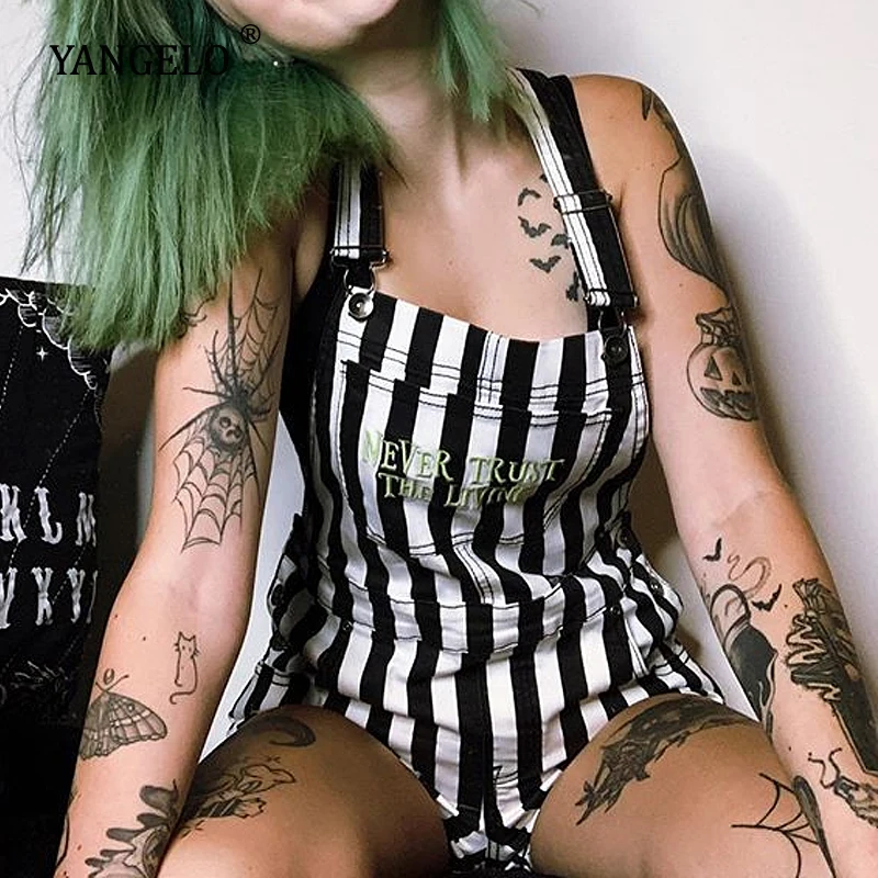 

Yangelo Stripe Shortalls Women 2020 New Harajuku High Waist Casual Sexy Suspenders Shorts for Gothic Girls Strap Short Jumpsuit