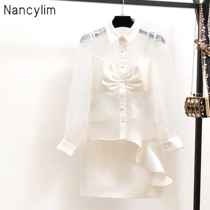 

Small fragrance Sets women lapel long sleeve sweet bow shirt white high waist ruffled overskirt suit