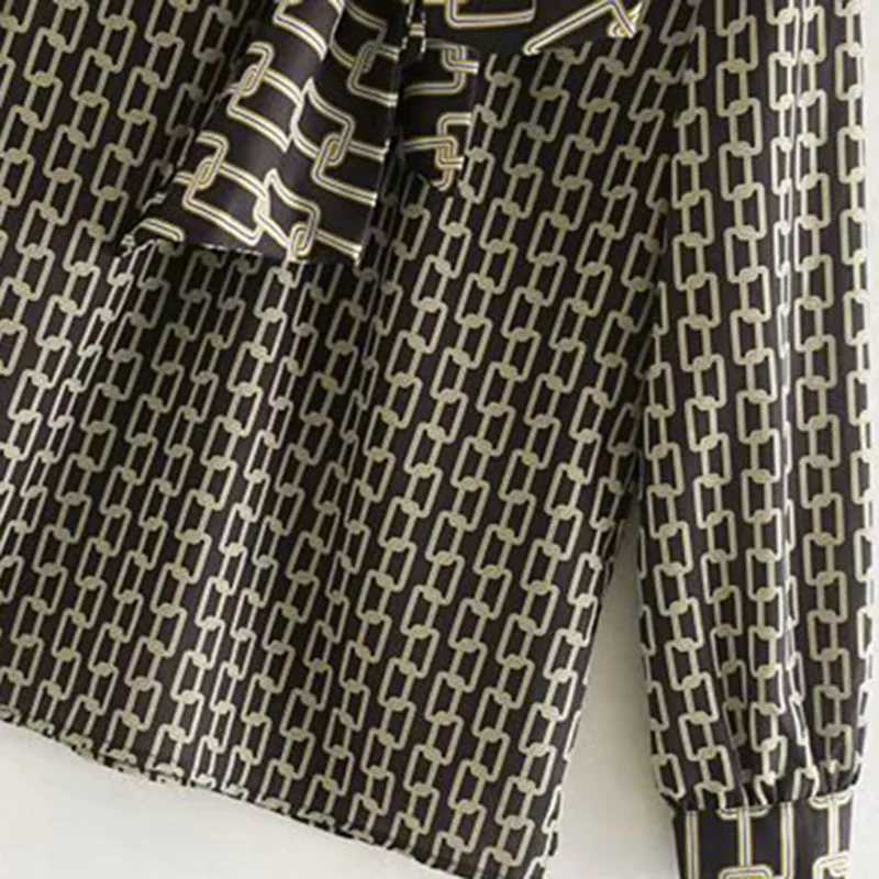  Vintage Stylish Office Wear Chain Print Blouses Women 2020 Fashion Bow Tie Collar Long Sleeve Femal