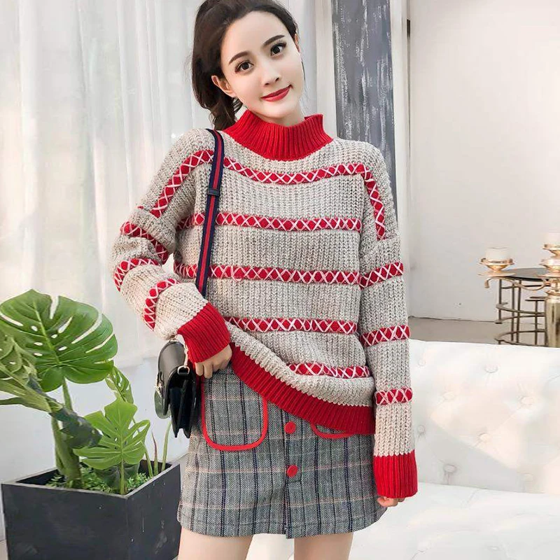 Осень зима плюс размер женский комплект 2 шт. геометрический вязаный пуловер с длинными рукавами свитер+ клетчатая мини-юбка комплект из 2 предметов 4XL