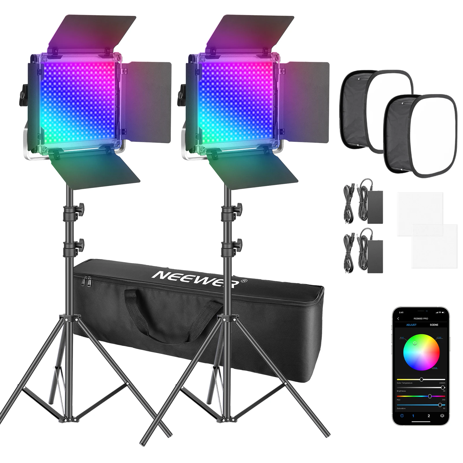Neewer 2 Packs 660 RGB Led Light with APP Control Photography Video Lighting Kit with Stands Softbox Dimmable 660 SMD LEDs