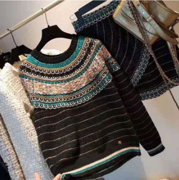 women's autumn Taiwan Knitting 2-piece gold thread long sleeve sweater totem Egyptian miniskirt