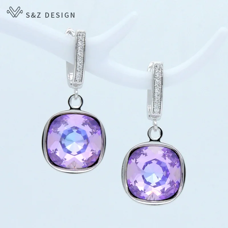 S&Z DESIGN New Fashion Colorful Square Crystal Dangle Earrings For Women Wedding Jewelry Gift 585 Rose Gold Color Eardrop