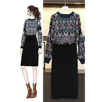 

Plus Size Women knitted Sweater Skirt Suits Loose Pullover+Knee Length two piece set Autumn Winter warm Skirt 2 piece set