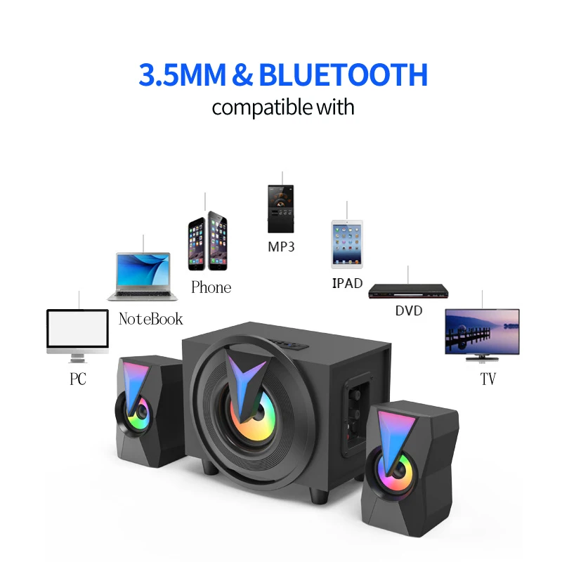 Wooden 3.5mm & Bluetooth Speaker Home Theater Subwoofer Speaker for Mobile Phone PAD TV Support SD Card Audio USB with Backlit