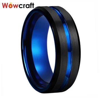 

8mm Tungsten Wedding Rings for Men Women Blue and Black Plated Grooved Center Real Tungsten Polished & Brushed Finish Bands