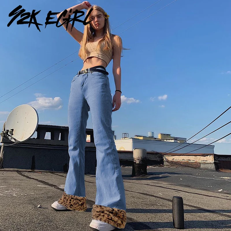 

Y2K EGIRL Aesthetics Leopard Patchwork Flare Jeans 90s Fashion High Waist Denim Trousers Vintage Streetwear Long Pants Winter