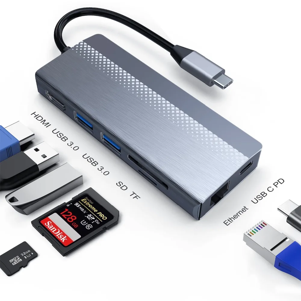 Usb-хаб 7 в 1 для мульти USB 3,0 4K HDMI 1000M USB-C PD Rj45 адаптер USB разветвитель SD/TF кардридер type C концентратор PD для MacBook