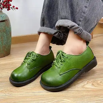 

Johnature Pumps Women Shoes 2020 New Plush Genuine Leather Warm Winter Lace-Up Retro Round Toe Casual Sewing Ladies Shoes