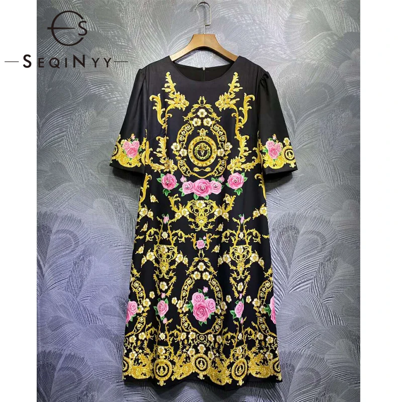 

SEQINYY Vintage Flowers Dress Print Pink Rose Crystal Beadin Luxury High Quality 2020 Spring Autumn New Fashion Design Women