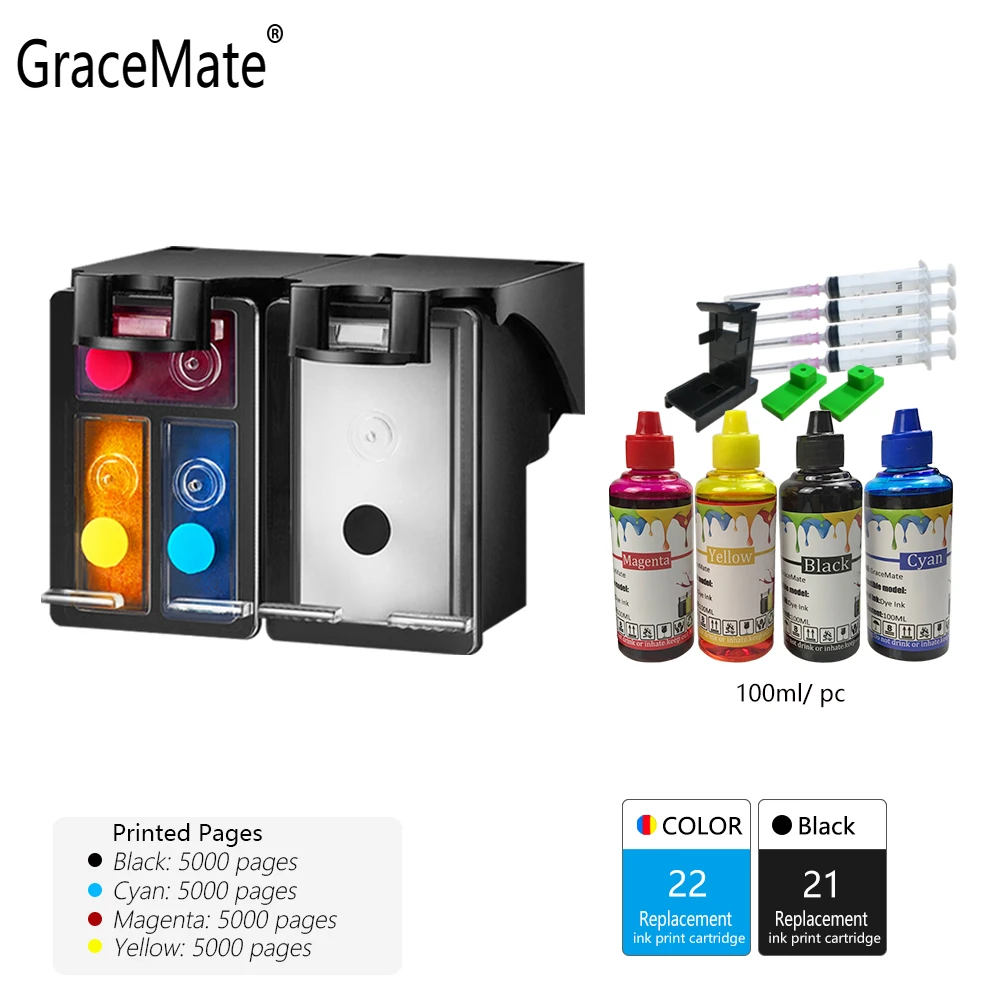 GraceMate 21 22 чернильный картридж для принтера Hp 21 22 для F2180 F2200 F2280 F4180 F300 F380 380 D2300 J3608 J3625 J3635 J3640 J3650 принтер - Цвет: Ink Cartridge 21 22