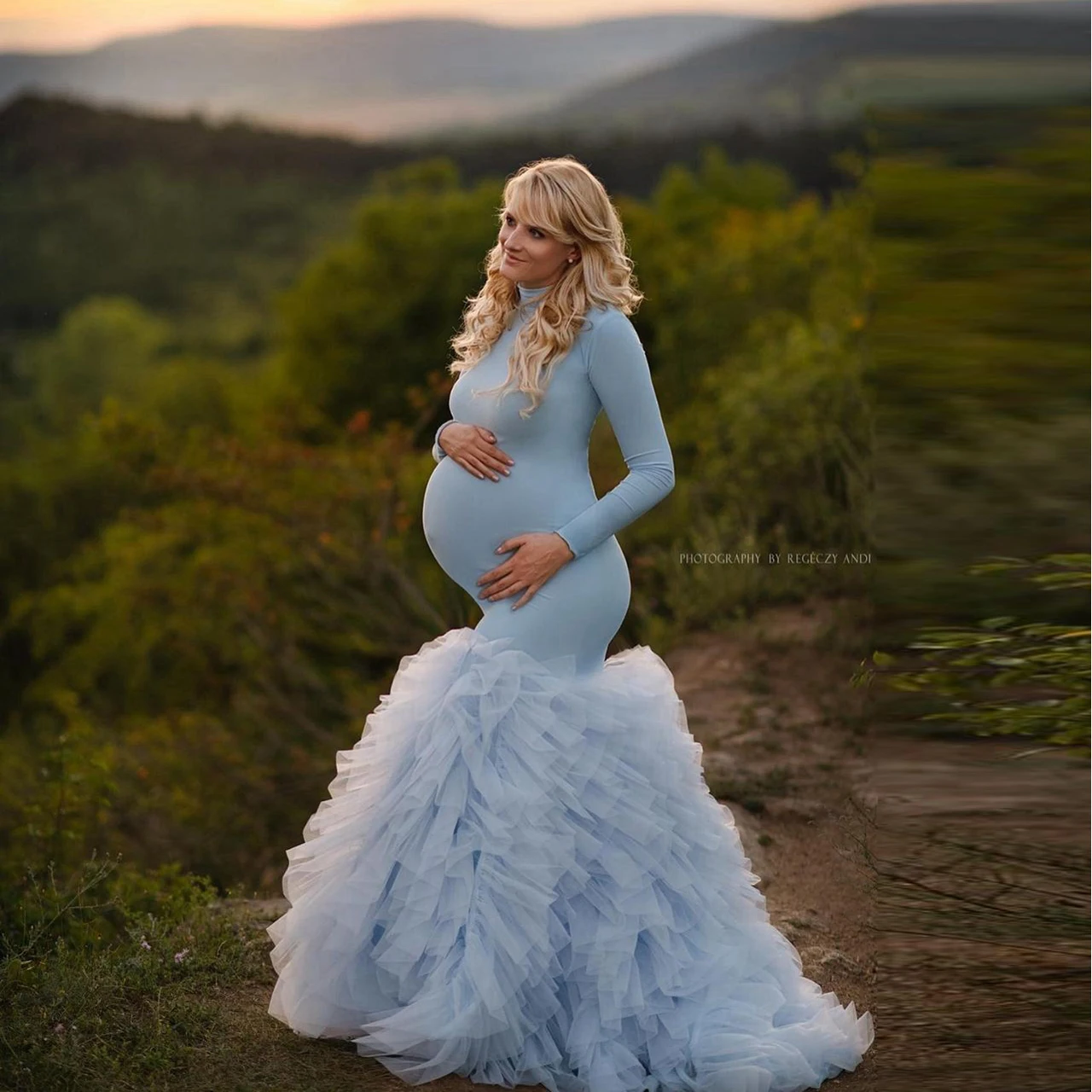 

Modest Sky Blue Tulle Mermaid Maternity Dresses To Photography Elegant High Neck Long Tulle Robe Women Dresses Night Gowns