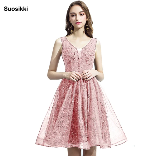 Cocktail dresses applique party pink lace Beading new evening party gown formal short prom dress - Цвет: Розовый