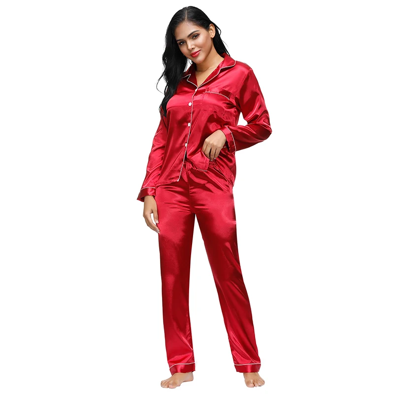 Ohyeahlover Autumn Female Pajama Sets Faux Satin Silk Cozy Sleepwear Home Suit Long Sleeve Plus Size Elegant Two Piece RL80895