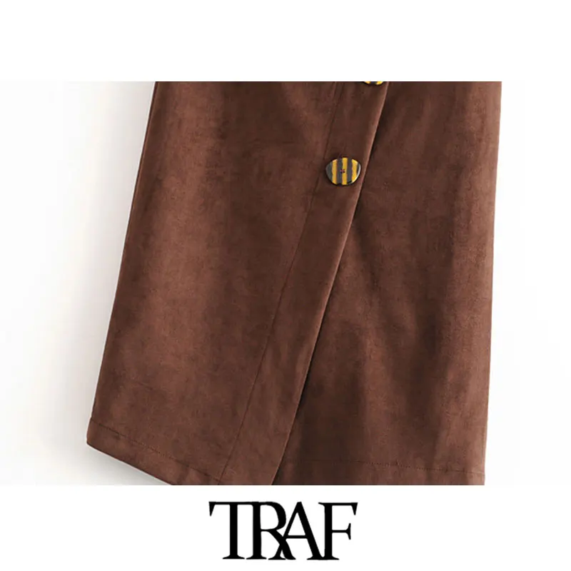TRAF, женская, винтажная, стильная, искусственная замша, нерегулярная, миди юбка, модная, галстук-бабочка, пояс, пуговицы, офисная одежда, юбки, Faldas Mujer