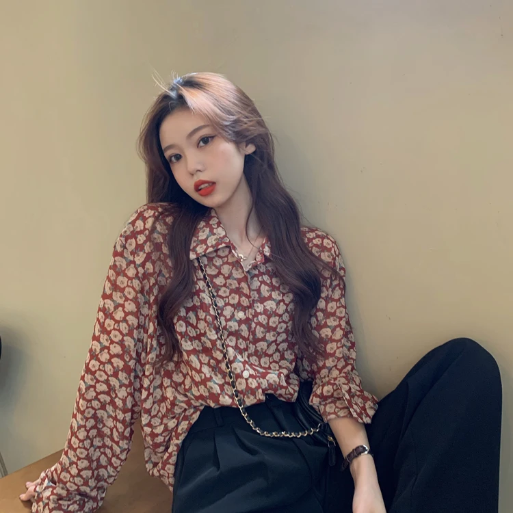 2021 Spring and Summer Korean Style Minimalist Design Floral Shirt Women's Sun Protection Idle Outer Wear Thin Top | Женская одежда