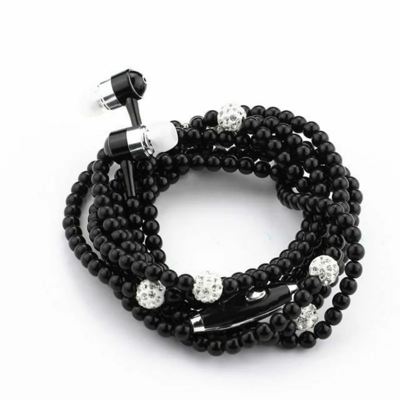Pearl Necklace Earphones Rhinestone Jewelry With Mic Headset Line Type Earpiece For Iphone Xiaomi Huawei Connect To Audio Device