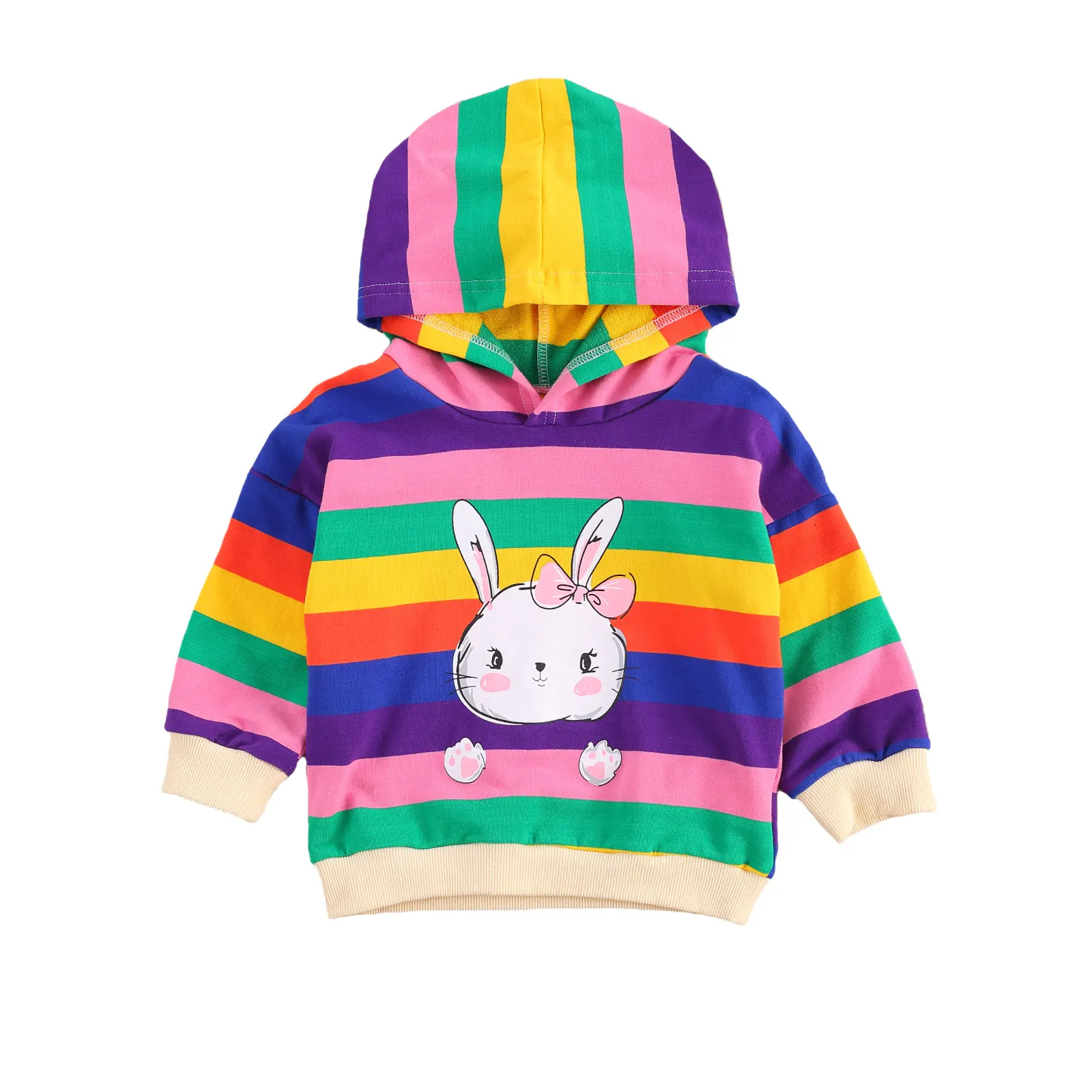 

Infant Baby Girls Cute Striped Sweater, Toddler Kids Lovely Casual Style Long Sleeve Rabbit Pattern Hooded Pullover Sweatshirt