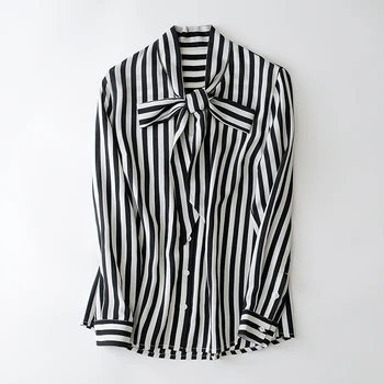 

100% mulberry silk shirt, woman pure silk blouse, black and white stripes girl CDC silk shirts, full size lady bow shirts women
