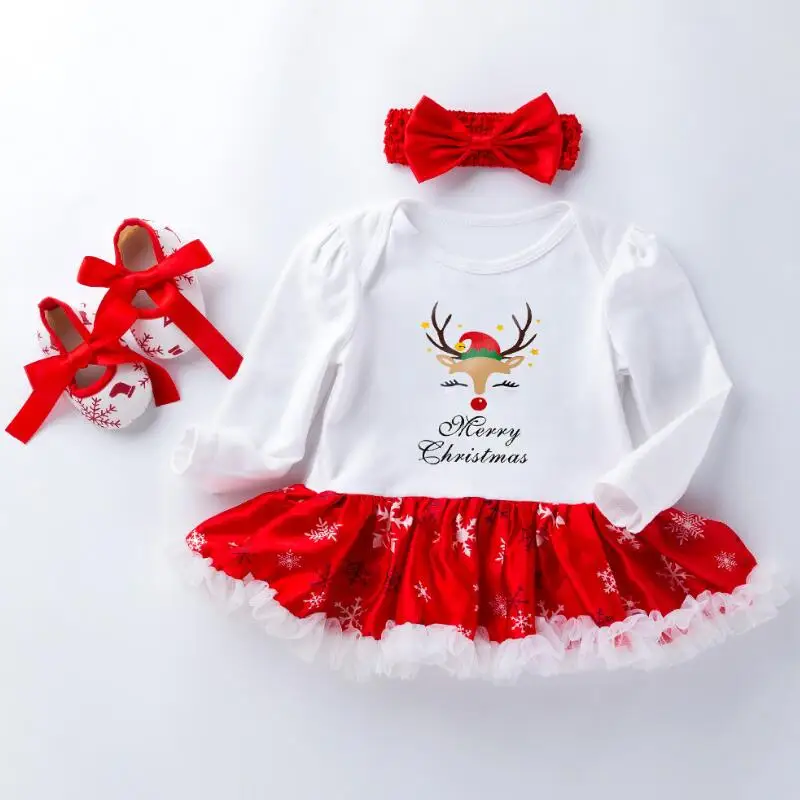 Infant Christmas Clothes 3pcs Sets Short Sleeves Baby Girls Clothes Newborn Rompers+Headband+Shoes New Year Gift Party Costumes - Цвет: Z542 Long sleeve