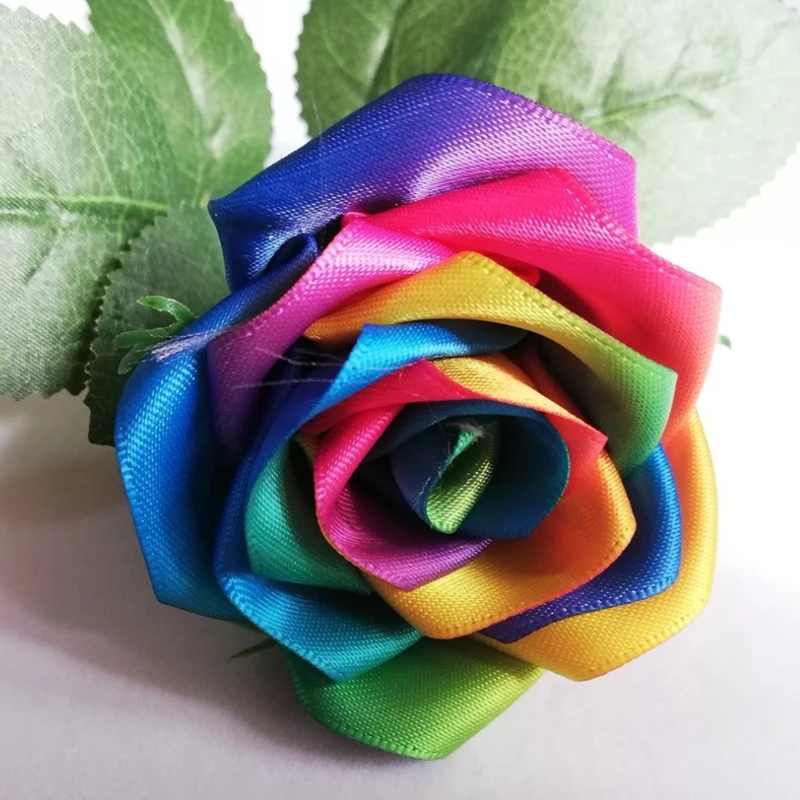 Rainbow colour rose flowers Handmade silk satin Rose Flowers Wedding Bridal Bouquet Home Decoration wedding flowers