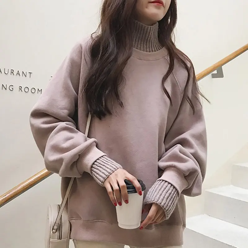  Pink Turtleneck Sweatshirt Women Oversized Fake Two Piece Tops 2019 Winter Female Harajuku Velvet W