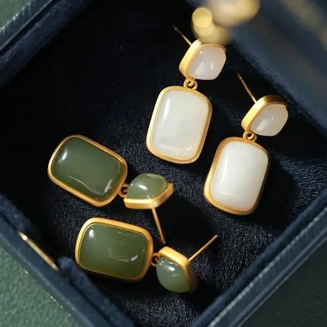 New Silver Palace Classical Gentle Natural Hotan White Jade Inlaid Double Stone Earrings Elegant Senior Women's Brand Jewelry |