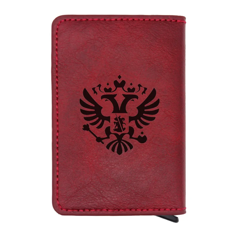 BC079-Red Classic USSR Soviet Badges Sickle Hammer Rfid Card Holder Men Wallets CCCP Russia Emblem Communism Black Leather Short Purse - Цвет: BC079-Red