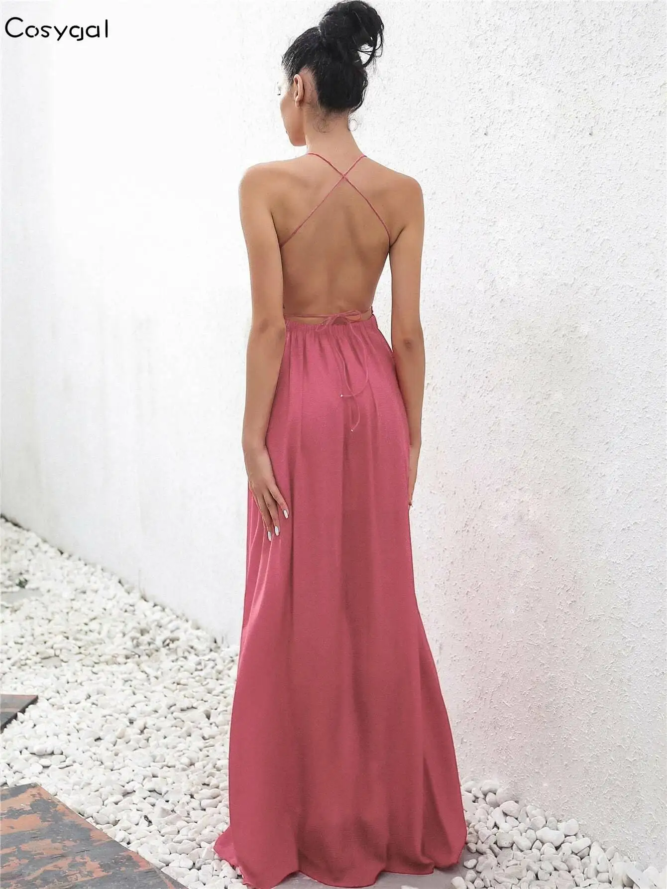 Joyfunear Crisscross Tied Backless Plunging Neck Split Thigh Dress