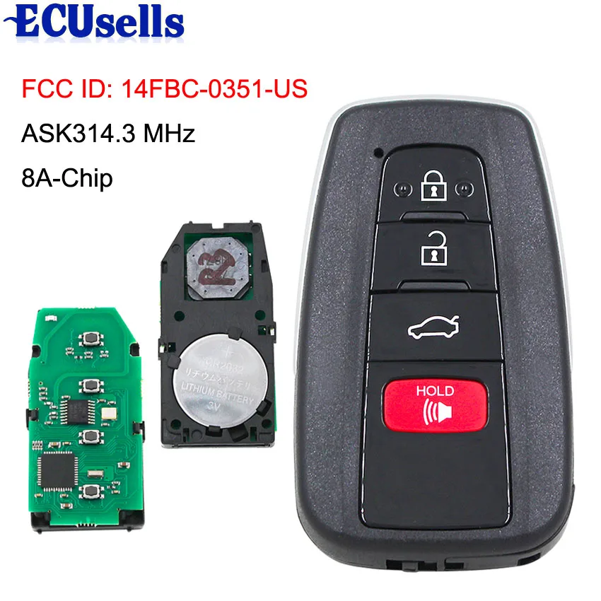 3+ 1/4 кнопки ASK314.3MHz дистанционный смарт ключ-брелок 8A-Chip FCC, аддитивного цветового пространства(ID: 14FBC-0351-US костюм для- Camry