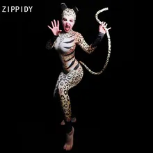 Комбинезон для косплея с леопардовым рисунком кошки, Женское боди для певицы, наряд для сцены, танцевальный наряд для выпускного бала