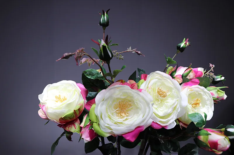 INDIGO- 5pcs Pink Rose Spray Flower With Buds(1 flower+3buds) Home Wedding Real Touch Flower Floral Event Party Free Shipping