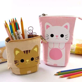 

Portable Zipper Pencil Case Canvas Cute Cartoon Telescopic Pencil Pocket Portable Cosmetic Brush Bag Travel Container Organizers