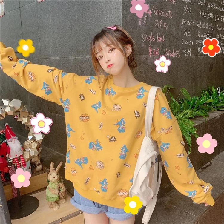 Толстовка с длинными рукавами и принтом динозавра Harajuku kawaii, свободная Женская толстовка с круглым вырезом kpop, Женская Толстовка большого размера moletom feminino pullove