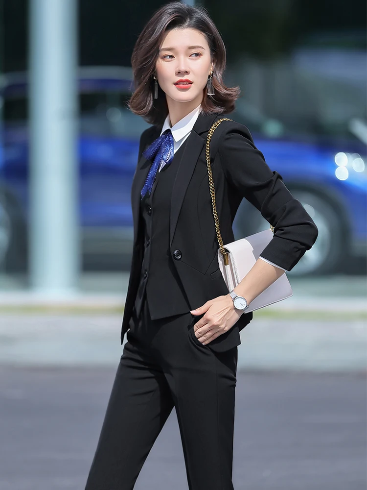 Office Lady 3 Piece Set Women Formal Work Wear Pant Suit Uniform Designs Single Button Black Gray Blazer Jacket Vest and Pant