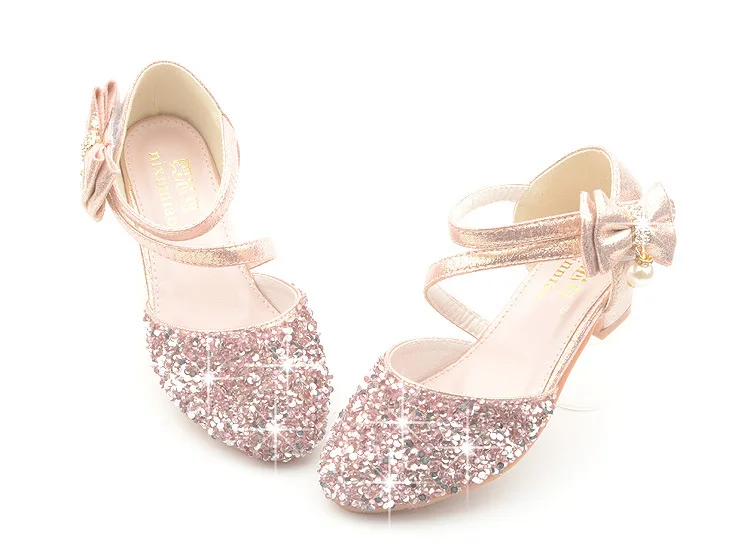 Girls Leather Shoes for Party Wedding Big Kids Dancing Shoes Glitter Rhinestone with Bowtie Princess Sweet Children High Heels child shoes girl