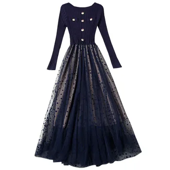 

Elegant Dress Long 2020 Early Spring Women's Elegant Round Neck Slim Knitted Stitching Mesh Gauze Polka Dot Dress Ankle Length