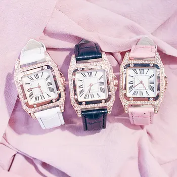 

Ladies Fashion Rhinestone Square Dial Belt Quartz Watch Leather Strap Trend Watch Classic Square Head Fashion Watch