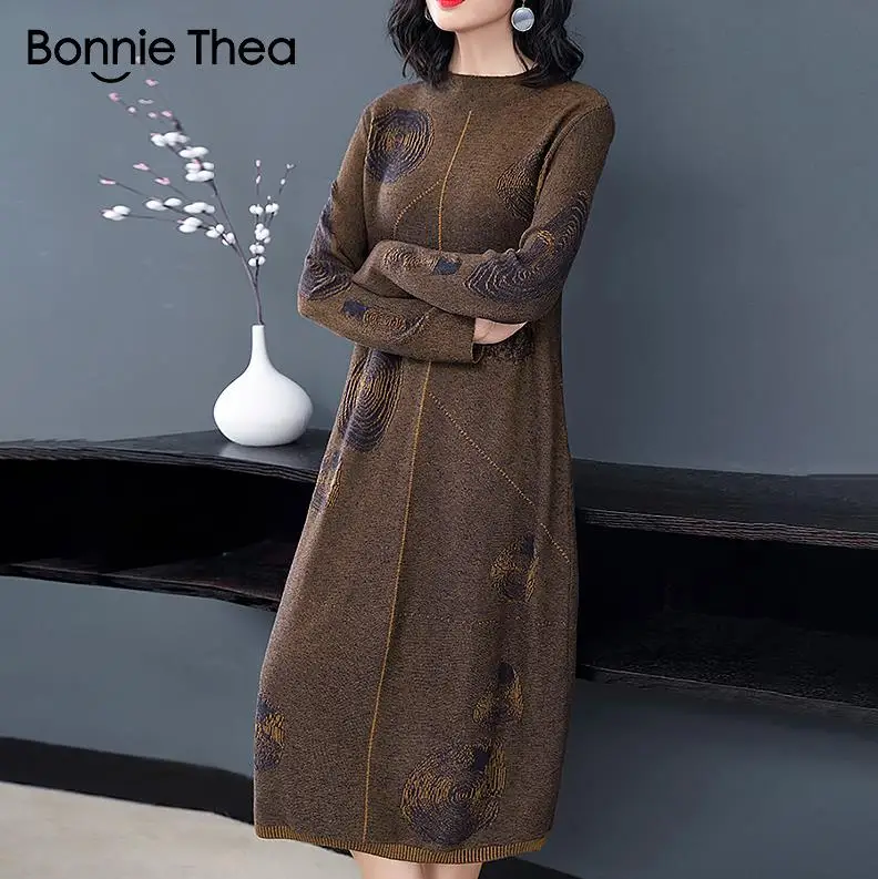 Шампанское Bonnie Thea, женские зимние вечерние вязаные платья с высоким воротом, женское осеннее элегантное платье-свитер vestidos размера плюс, женские платья - Цвет: Шампанское