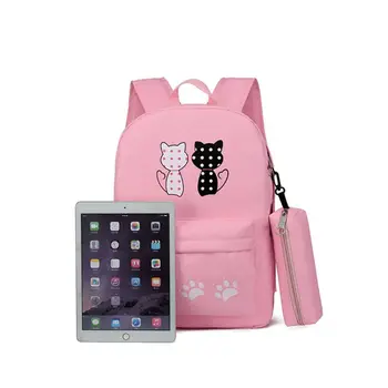 

3Pcs/Set Cute Cat Backpack Travel Canvas Student Rucksack Laptop Daypack Handbag Pencil Case for College Teenager
