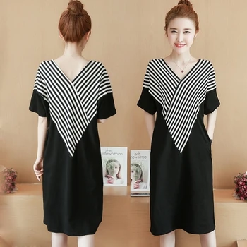 

A102-2020 summer new large size women's short-sleeved V-neck t-shirt casual mid-long striped dress women