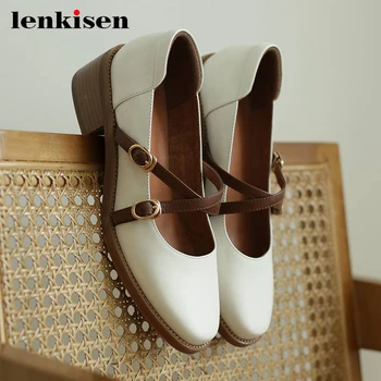 

Lenkisen new simple style gorgeous mixed colors full grain leather round toe high square heel beauty lady gentlewomen pumps L2f1