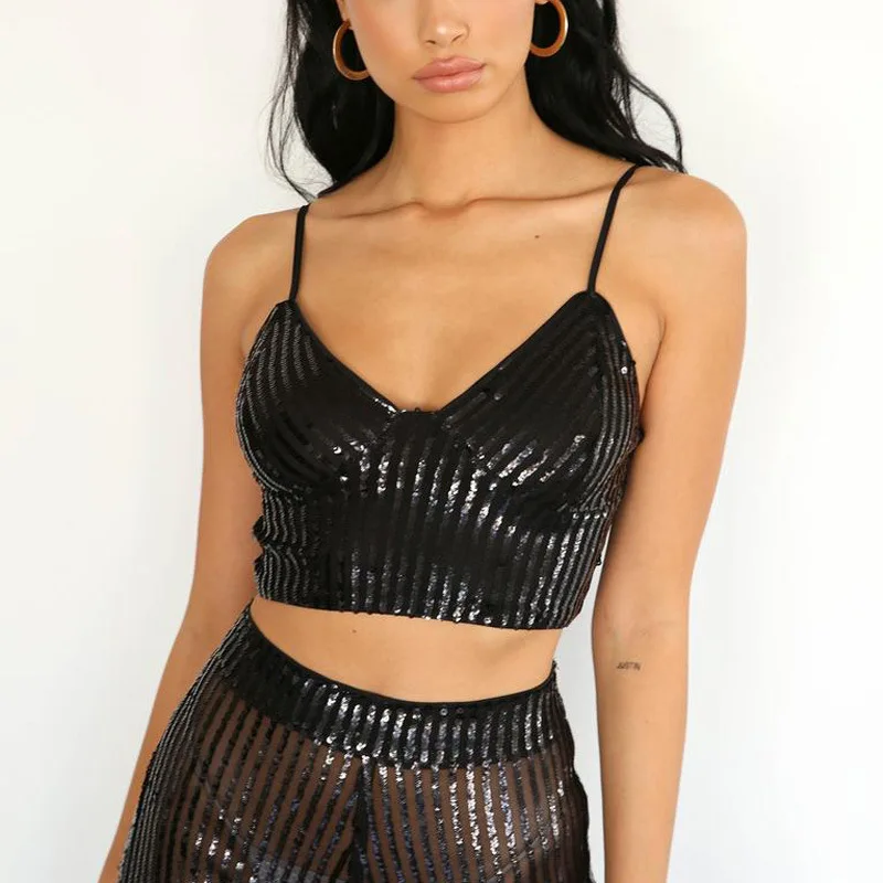 

Shiny Sequined Zipper Camis Spaghetti Strap Low Cut Backless Sleeveless Black Camisole Sexy Slim Crop Tops For Women Club Party