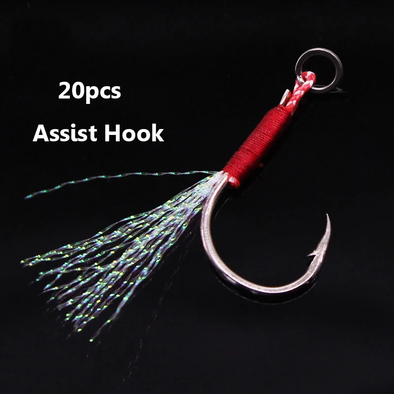 20Pc Assist Hook Short Long Barbed Single Jig Hooks Thread Feather