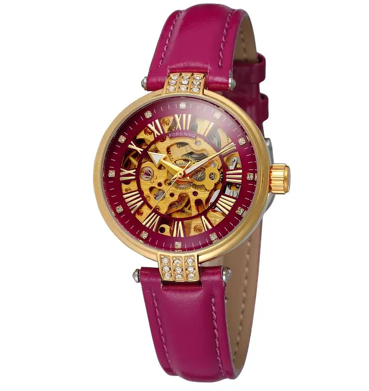 Женские часы Механические наручные часы женские часы со стразами белый женский кожаный браслет часы со скелетом автоматические часы - Цвет: Фиолетовый