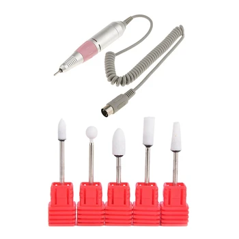 

1Pcs Professional Electric Nail Drill Handle Pink & 5Pcs Quartz Nail Drill Kits Manicure Machine Accessories Red