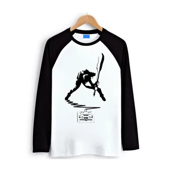 

black and white lines design punk rock star smashing guitar print men women t shirt raglan full long sleeves O neck tee tops